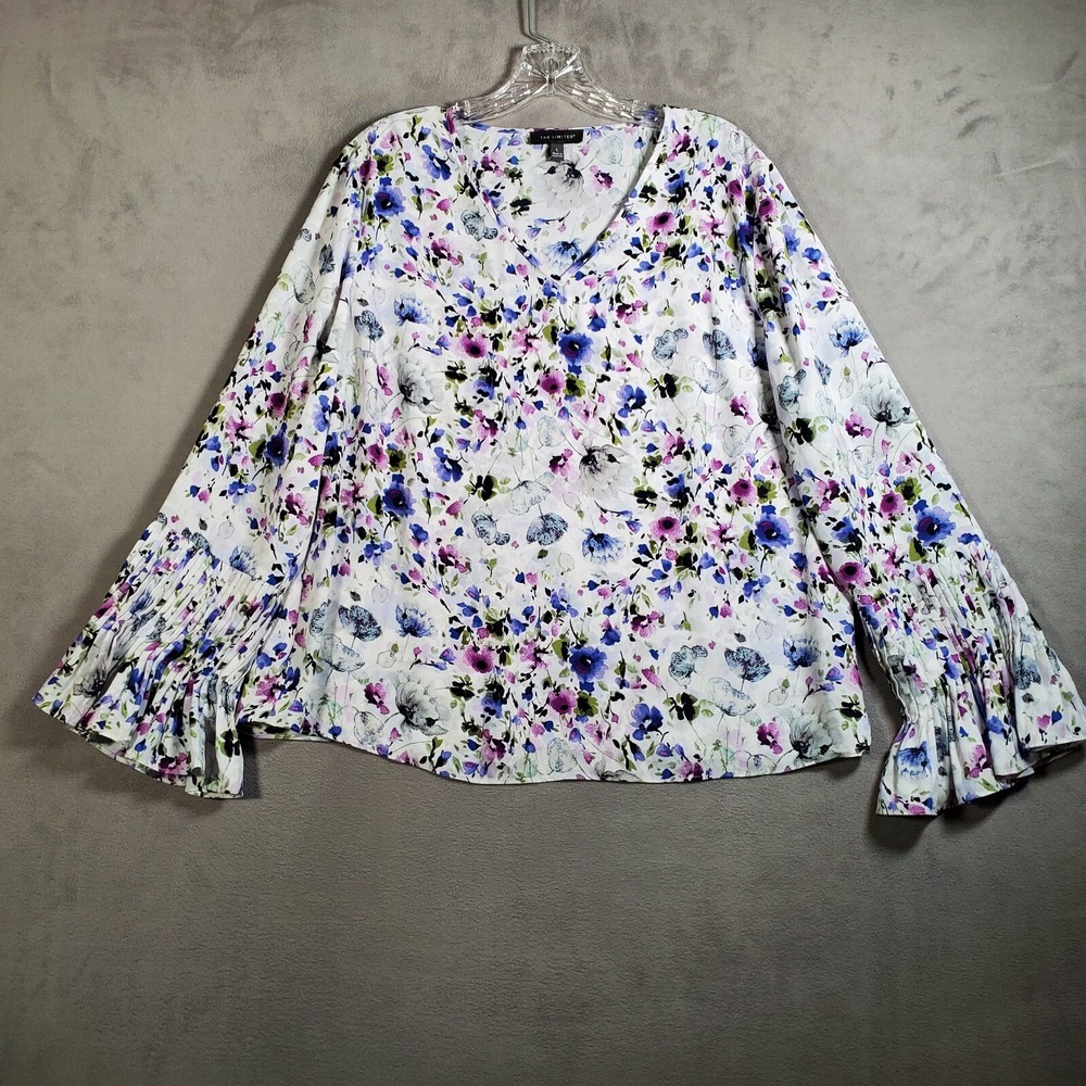 The Limited Top Womens L White Floral Long Bell Pleated Sleeve Cottage Prairie